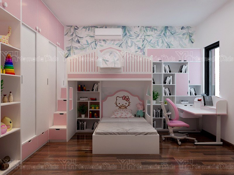 Phòng ngủ cho 2 bé gái màu hồng dễ thương 15m2 Y19 - Nội thất trẻ ...